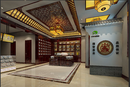 莱城古朴典雅的中式茶叶店大堂设计效果图